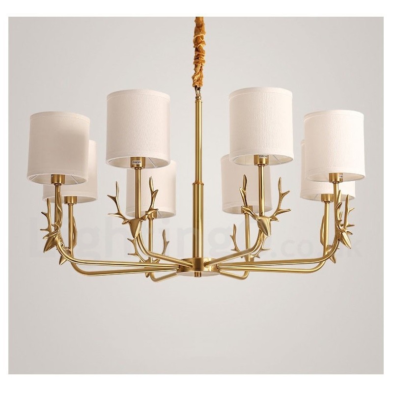Pure Brass Luxuoso Rústico Retro Vintage Latão Pingente Vela Lustre com Tecido Tons