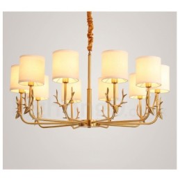 Pure Brass Luxuoso Rústico Retro Vintage Latão Pingente Vela Lustre com Tecido Tons