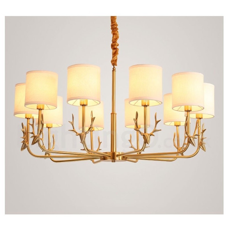 Pure Brass Luxuoso Rústico Retro Vintage Latão Pingente Vela Lustre com Tecido Tons