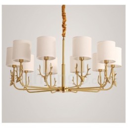 Pure Brass Luxuoso Rústico Retro Vintage Latão Pingente Vela Lustre com Tecido Tons