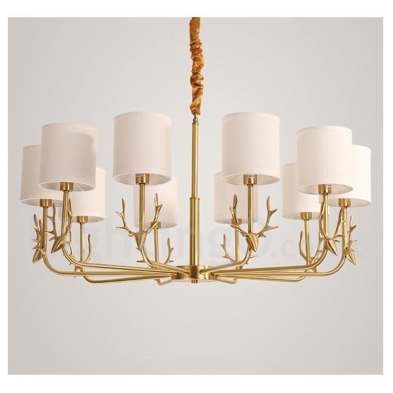 Pure Brass Luxuoso Rústico Retro Vintage Latão Pingente Vela Lustre com Tecido Tons