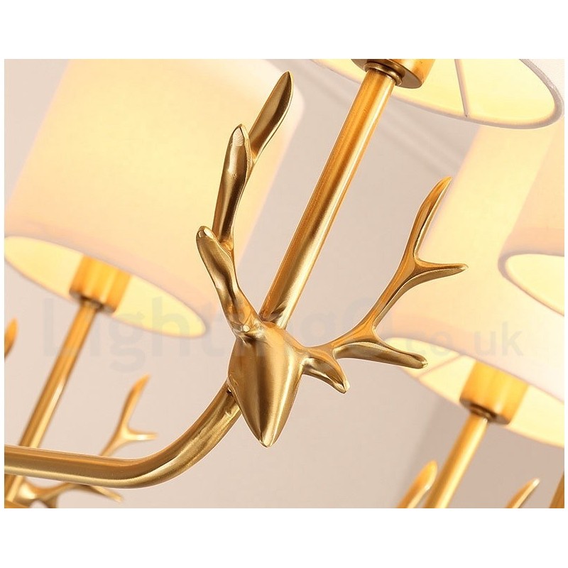 Pure Brass Luxuoso Rústico Retro Vintage Latão Pingente Vela Lustre com Tecido Tons