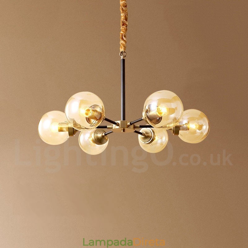 Lustre de pingente de latão puro luxuoso rústico retrô vintage com cúpulas de vidro