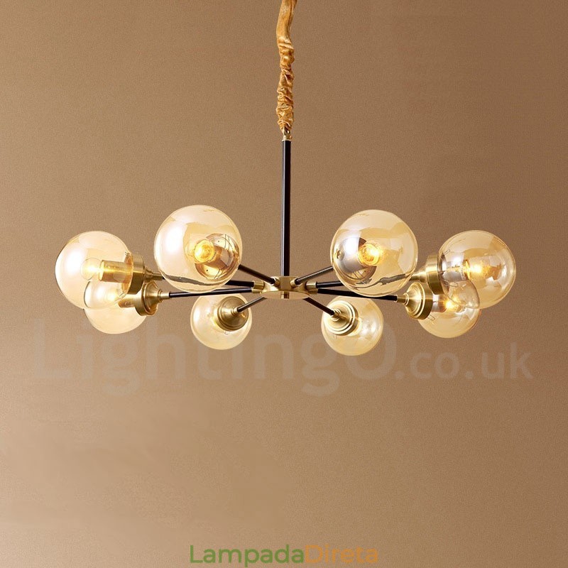 Lustre de pingente de latão puro luxuoso rústico retrô vintage com cúpulas de vidro