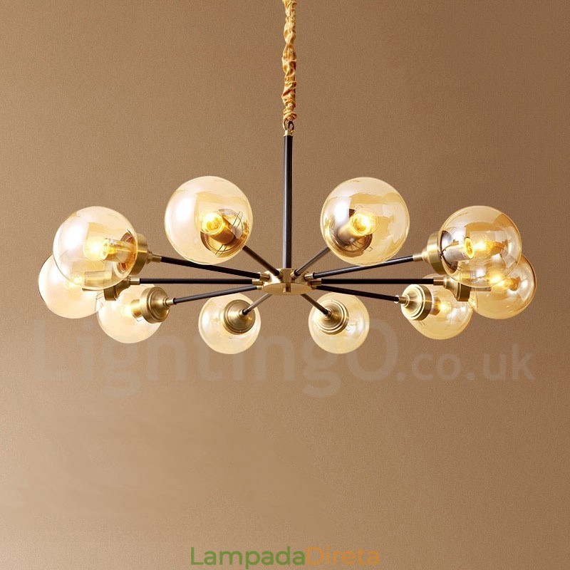 Lustre de pingente de latão puro luxuoso rústico retrô vintage com cúpulas de vidro
