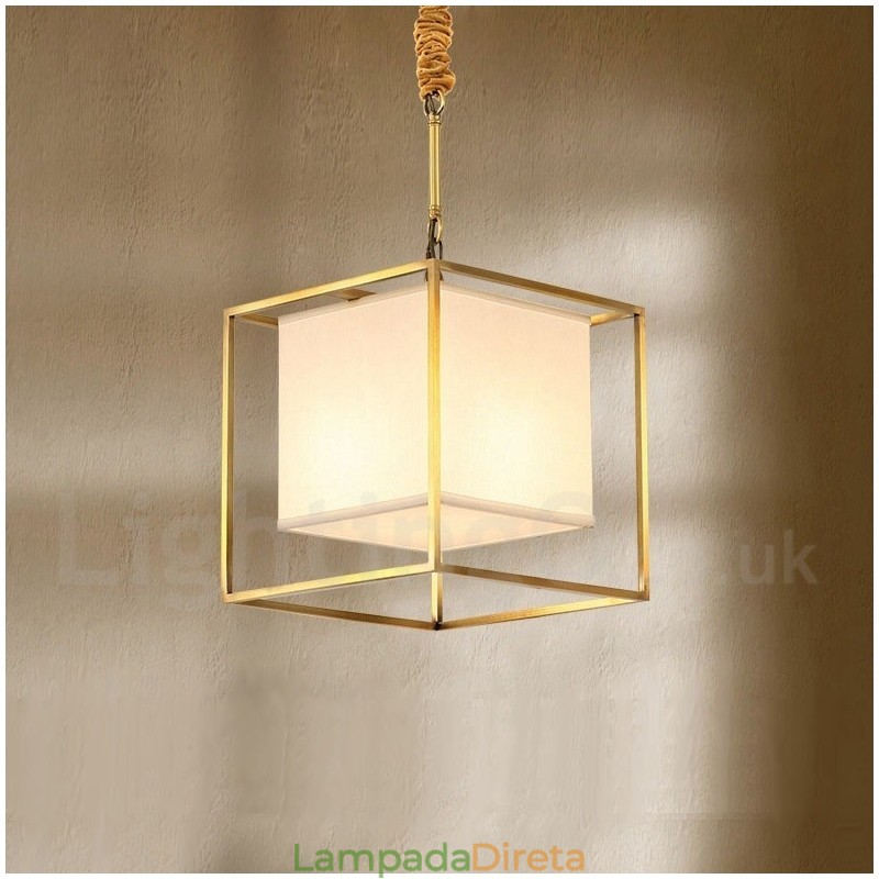 Pure Brass Simples Rústico Retro Vintage Latão Pendente Luz com Tecido Sombra