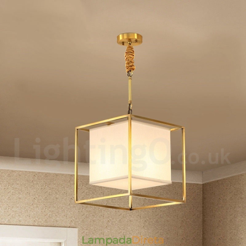 Pure Brass Simples Rústico Retro Vintage Latão Pendente Luz com Tecido Sombra