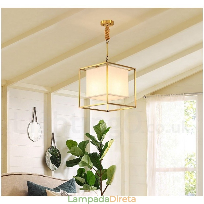 Pure Brass Simples Rústico Retro Vintage Latão Pendente Luz com Tecido Sombra