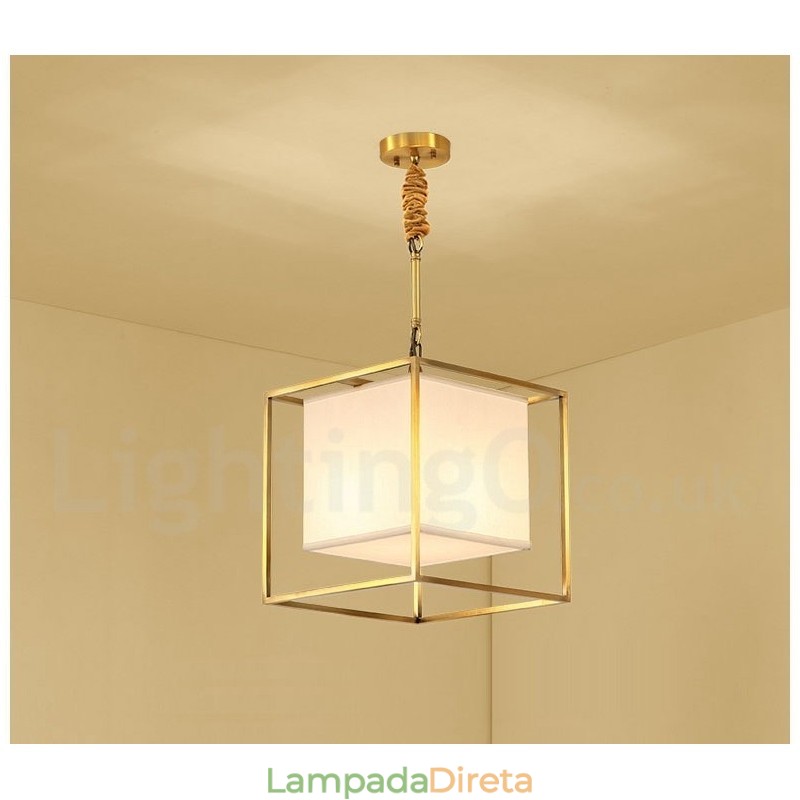 Pure Brass Simples Rústico Retro Vintage Latão Pendente Luz com Tecido Sombra