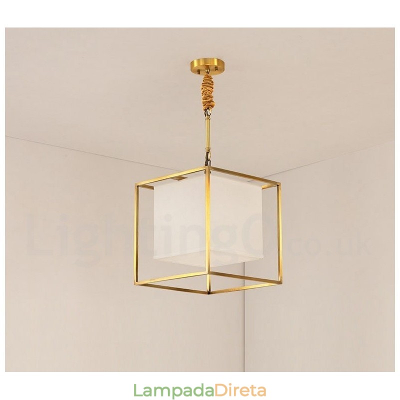 Pure Brass Simples Rústico Retro Vintage Latão Pendente Luz com Tecido Sombra