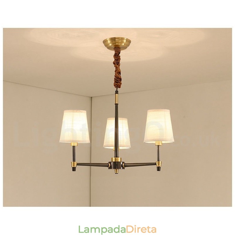 Pure Brass Grande Luxuoso Rústico Retro Vintage Pingente de Latão Lustre com Tons de Tecido