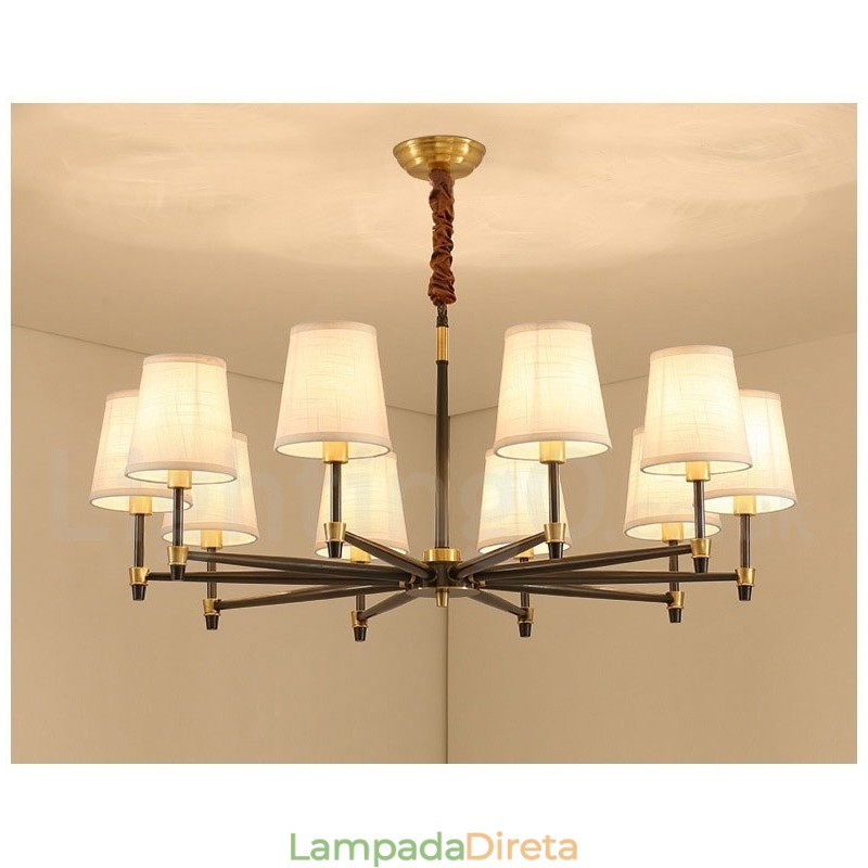Pure Brass Grande Luxuoso Rústico Retro Vintage Pingente de Latão Lustre com Tons de Tecido
