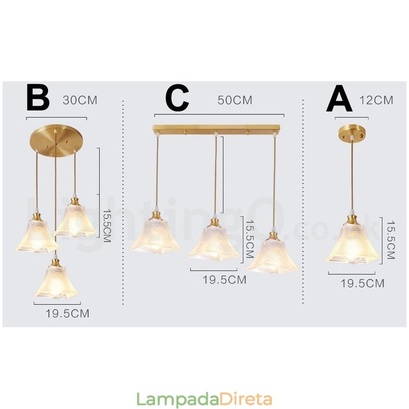 Luminária pendente estilo nórdico rústica de latão puro com cúpula de vidro