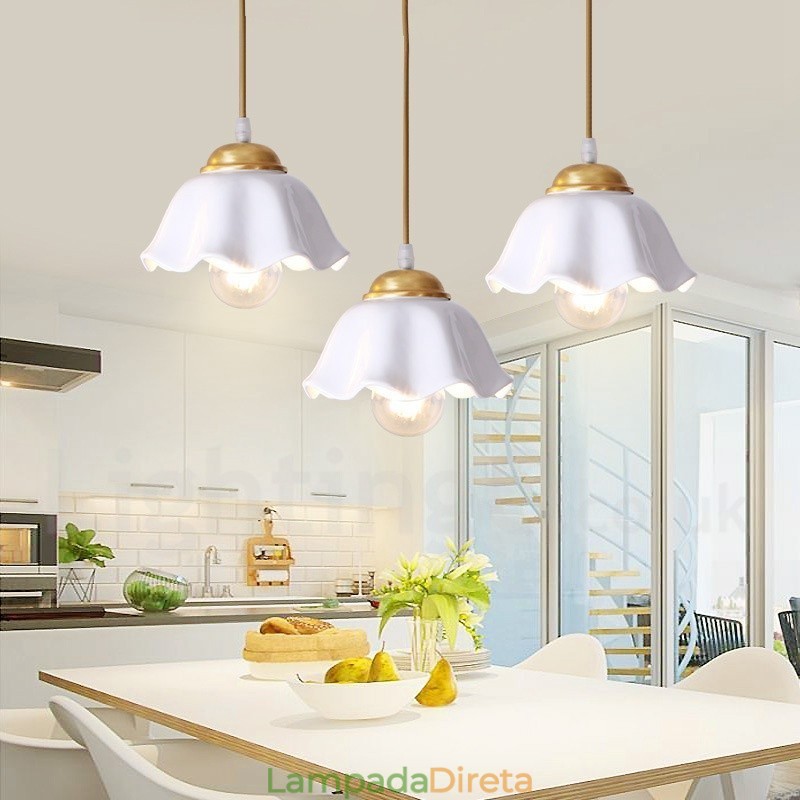 Luminária pendente estilo nórdico rústica de latão puro com cúpula de cerâmica
