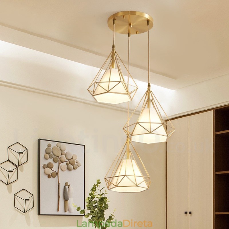 Luminária pendente estilo nórdico em estilo rústico de latão puro com cúpula de tecido