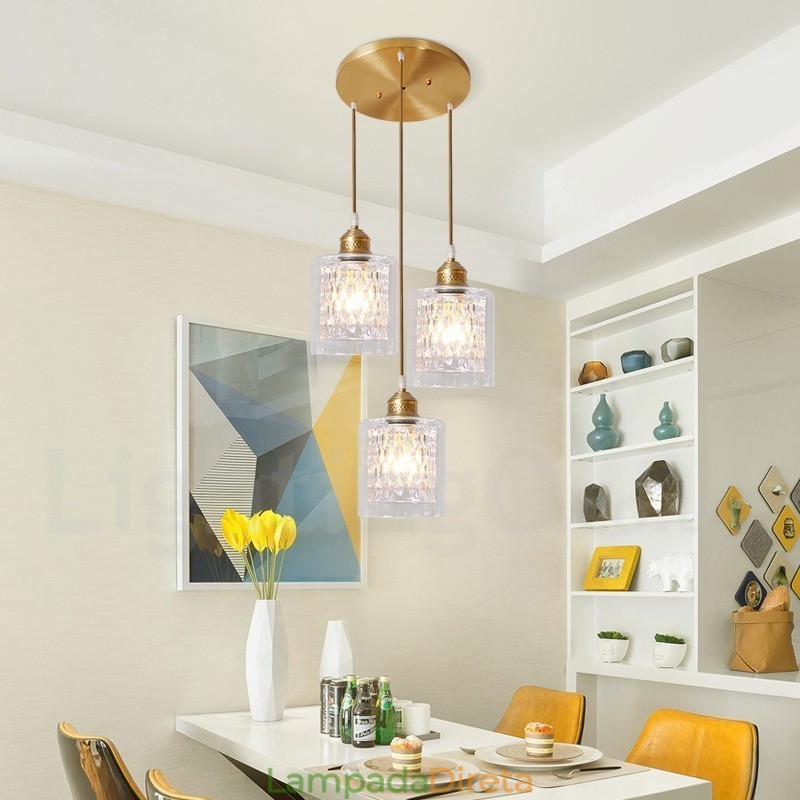 Luminária pendente estilo nórdico rústica de latão puro com cúpula de vidro