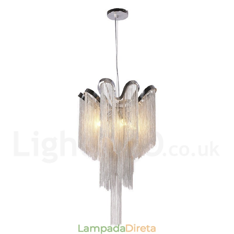 Lustre de borlas de alumínio com pingente de designer, cor prata