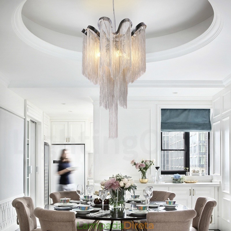 Lustre de borlas de alumínio com pingente de designer, cor prata