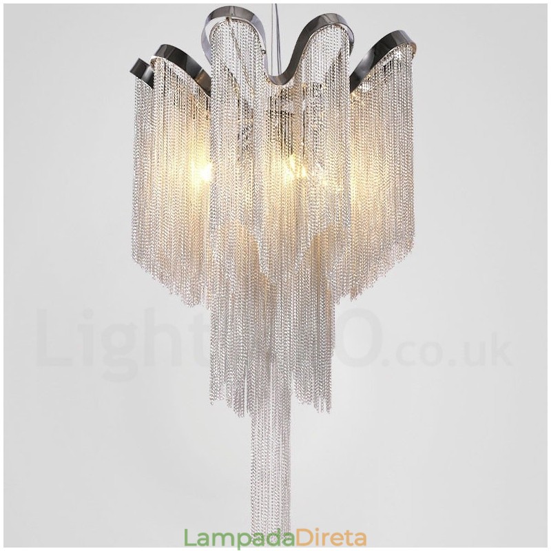 Lustre de borlas de alumínio com pingente de designer, cor prata