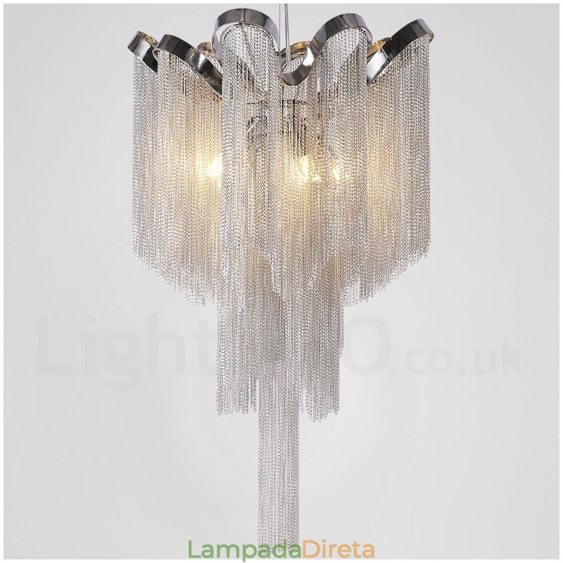 Lustre de borlas de alumínio com pingente de designer, cor prata