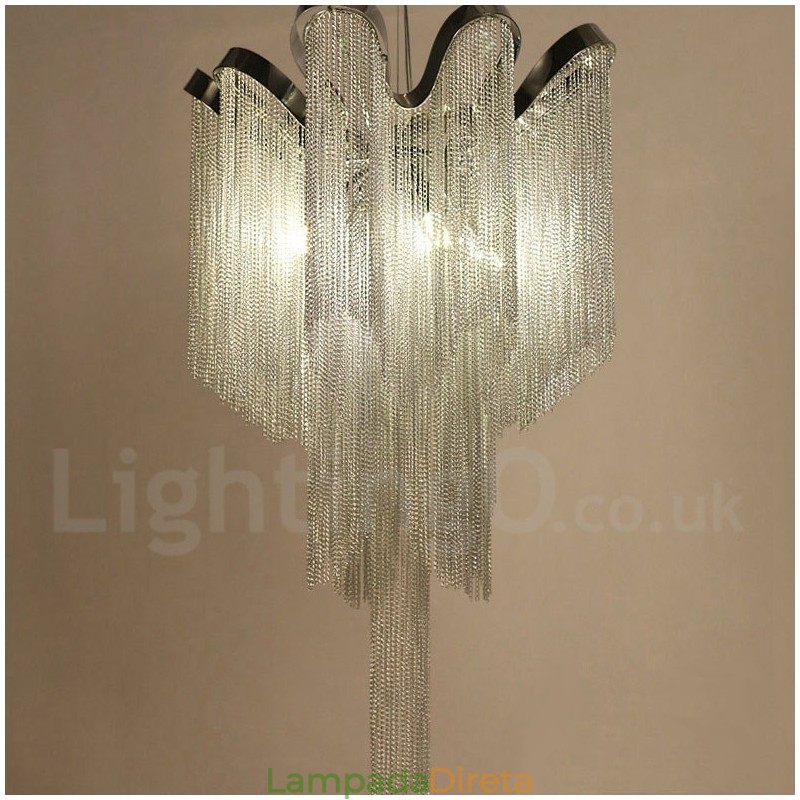 Lustre de borlas de alumínio com pingente de designer, cor prata