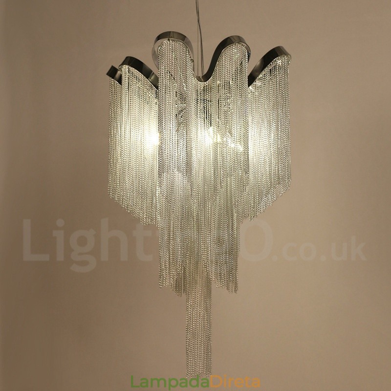 Lustre de borlas de alumínio com pingente de designer, cor prata