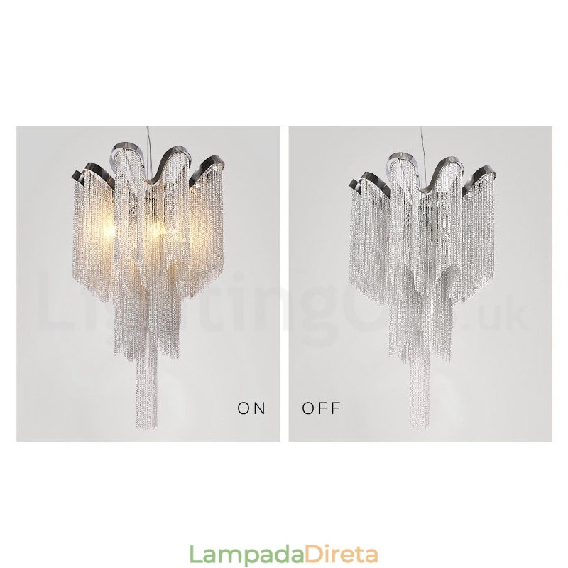 Lustre de borlas de alumínio com pingente de designer, cor prata