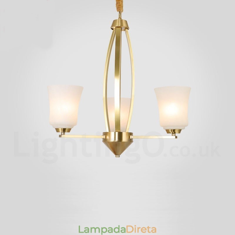 3 Luzes Pure Brass Grande Luxuoso Rústico Retro Vintage Latão Pingente Lustre com Tons de Vidro
