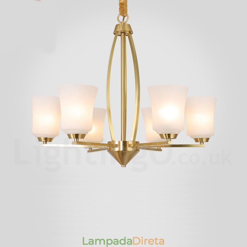 6 Luzes Pure Brass Grande Luxuoso Rústico Retro Vintage Latão Pingente Lustre com Tons de Vidro
