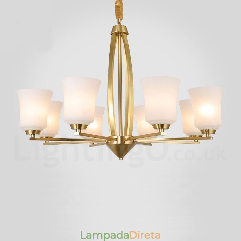 8 Luzes Pure Brass Grande Luxuoso Rústico Retro Vintage Pingente de Latão Lustre com Tons de Vidro
