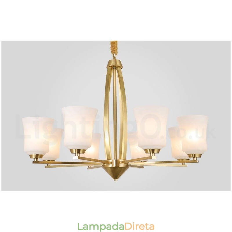8 Luzes Pure Brass Grande Luxuoso Rústico Retro Vintage Pingente de Latão Lustre com Tons de Vidro