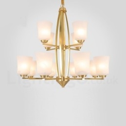 12 Luzes Puro Latão Grande Luxuoso Rústico Retro Vintage Latão Pingente Lustre com Tons de Vidro