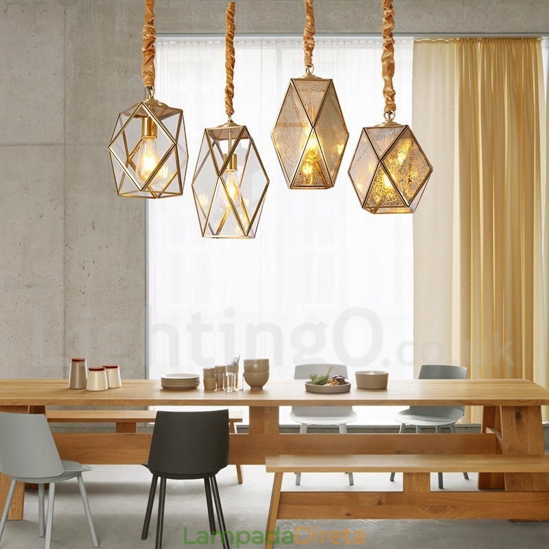 Luminária pendente estilo nórdico rústica de latão puro com cúpula de vidro