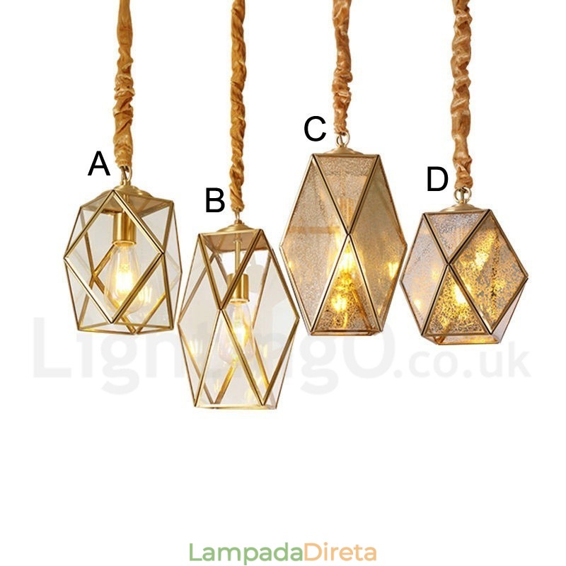Luminária pendente estilo nórdico rústica de latão puro com cúpula de vidro