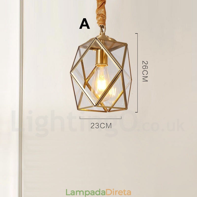 Luminária pendente estilo nórdico rústica de latão puro com cúpula de vidro