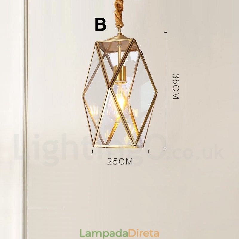 Luminária pendente estilo nórdico rústica de latão puro com cúpula de vidro