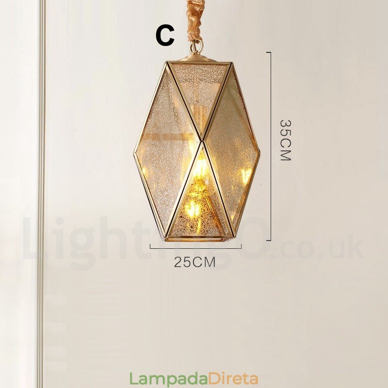 Luminária pendente estilo nórdico rústica de latão puro com cúpula de vidro