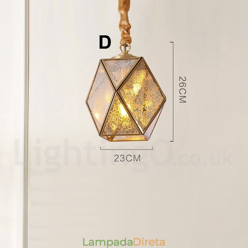 Luminária pendente estilo nórdico rústica de latão puro com cúpula de vidro