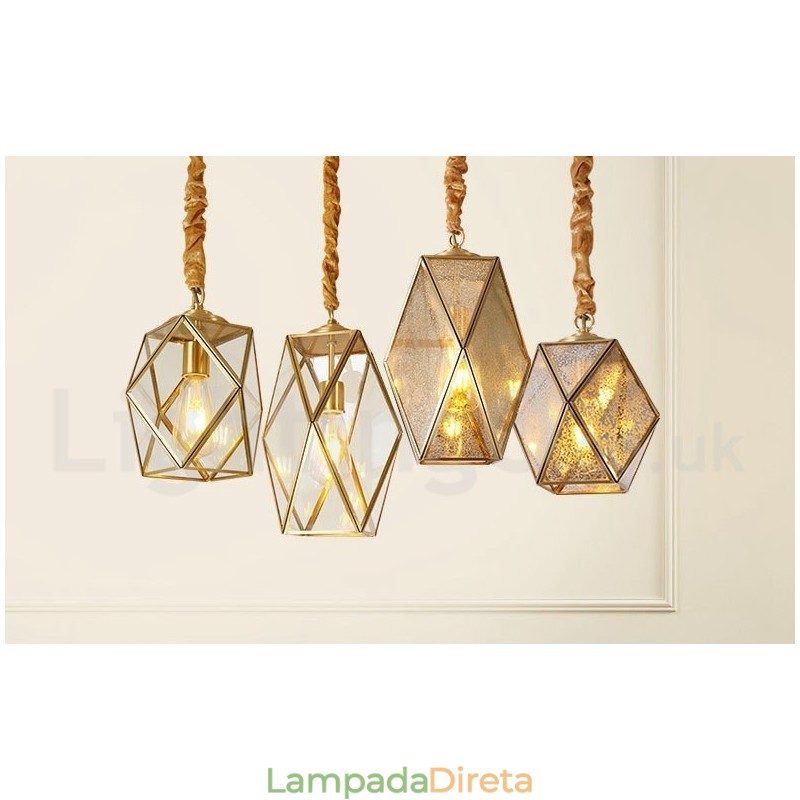 Luminária pendente estilo nórdico rústica de latão puro com cúpula de vidro