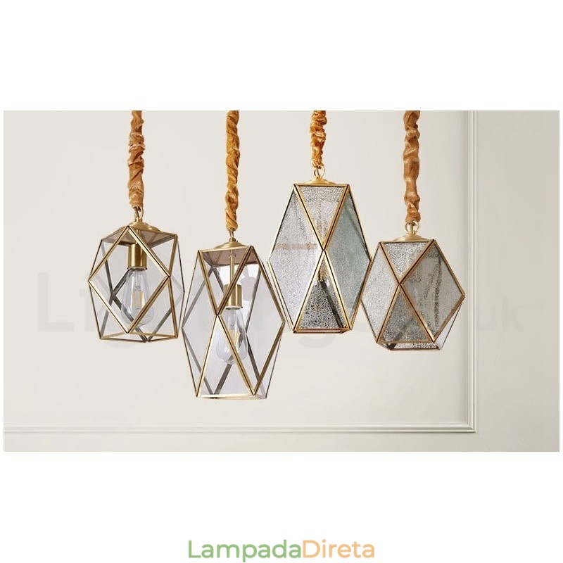 Luminária pendente estilo nórdico rústica de latão puro com cúpula de vidro
