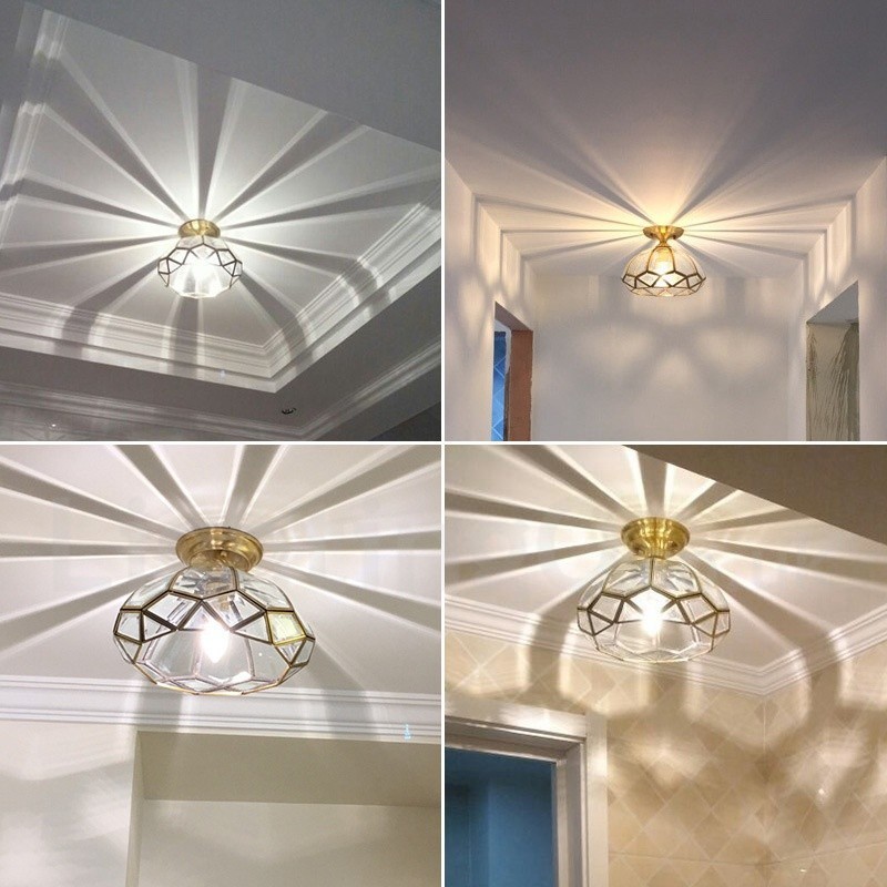 Pure Brass Rustic Lodge Nordic Style Flush Mount Ceiling Light com cúpula de vidro