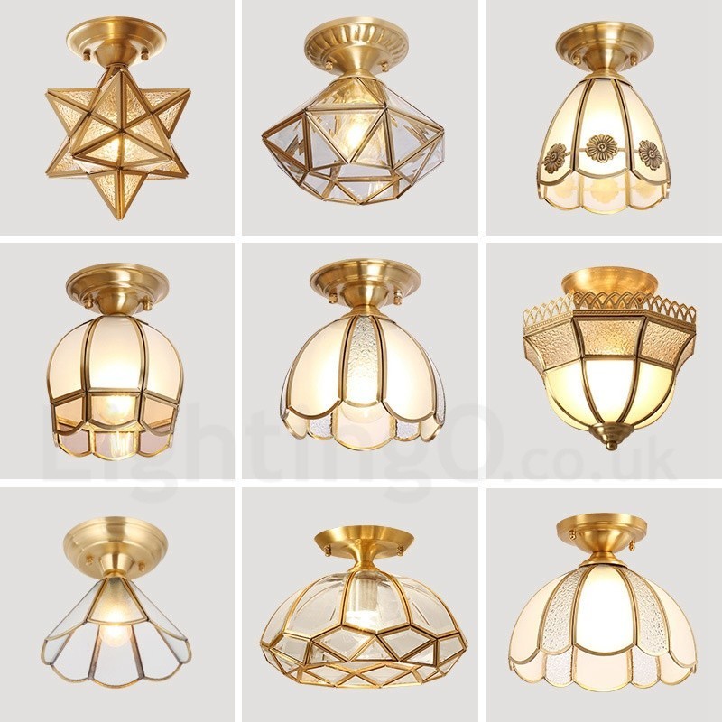 Pure Brass Rustic Lodge Nordic Style Flush Mount Ceiling Light com cúpula de vidro
