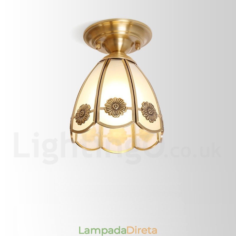 Pure Brass Rustic Lodge Nordic Style Flush Mount Ceiling Light com cúpula de vidro