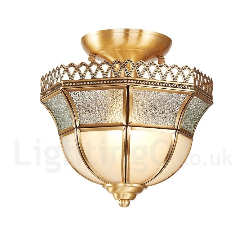 Pure Brass Rustic Lodge Nordic Style Flush Mount Ceiling Light com cúpula de vidro