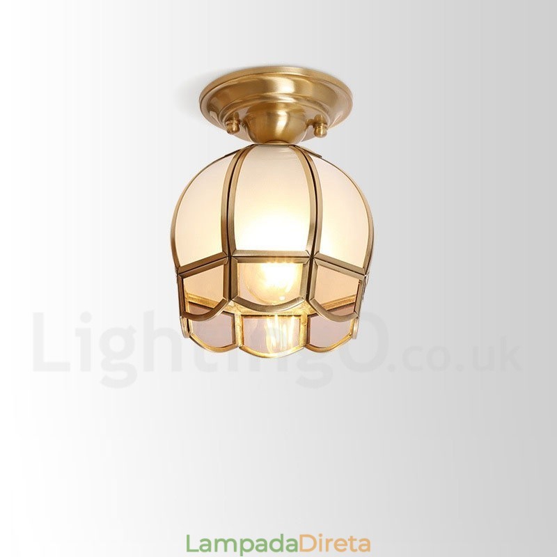 Pure Brass Rustic Lodge Nordic Style Flush Mount Ceiling Light com cúpula de vidro