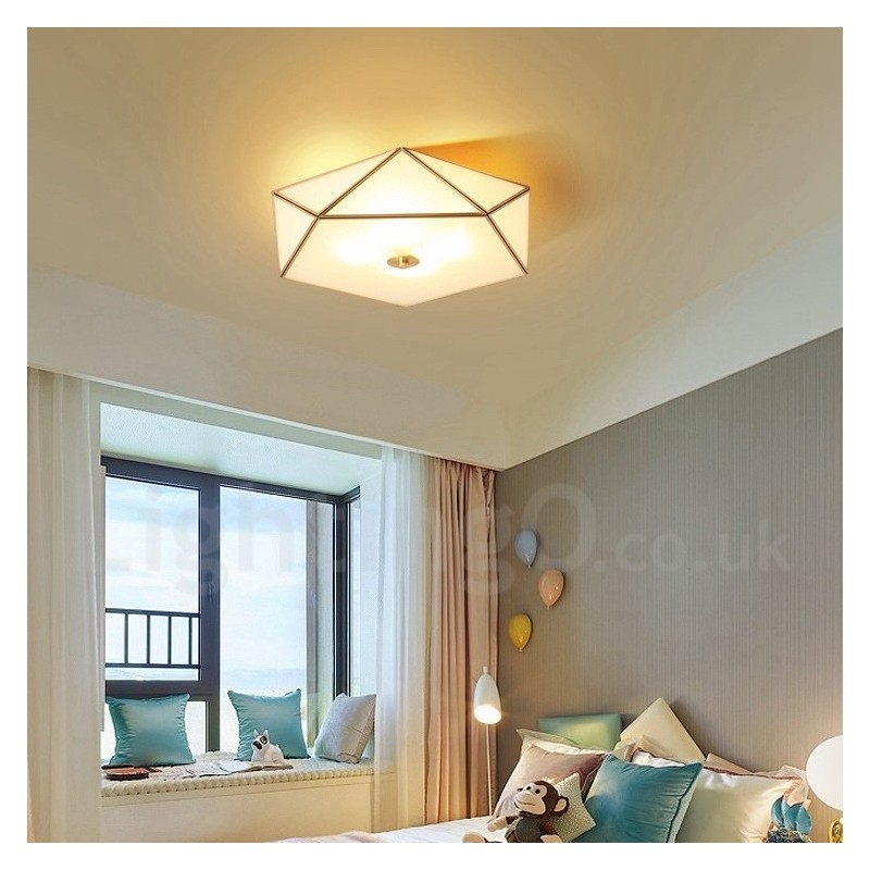 Pure Brass Rustic Lodge Nordic Style Flush Mount Ceiling Light com cúpula de vidro