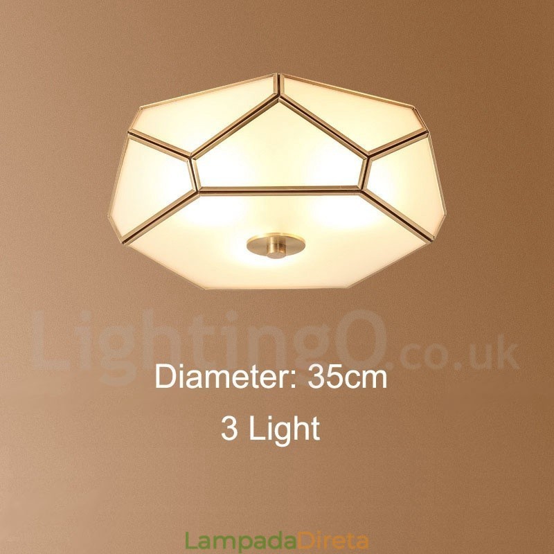 Pure Brass Rustic Lodge Nordic Style Flush Mount Ceiling Light com cúpula de vidro