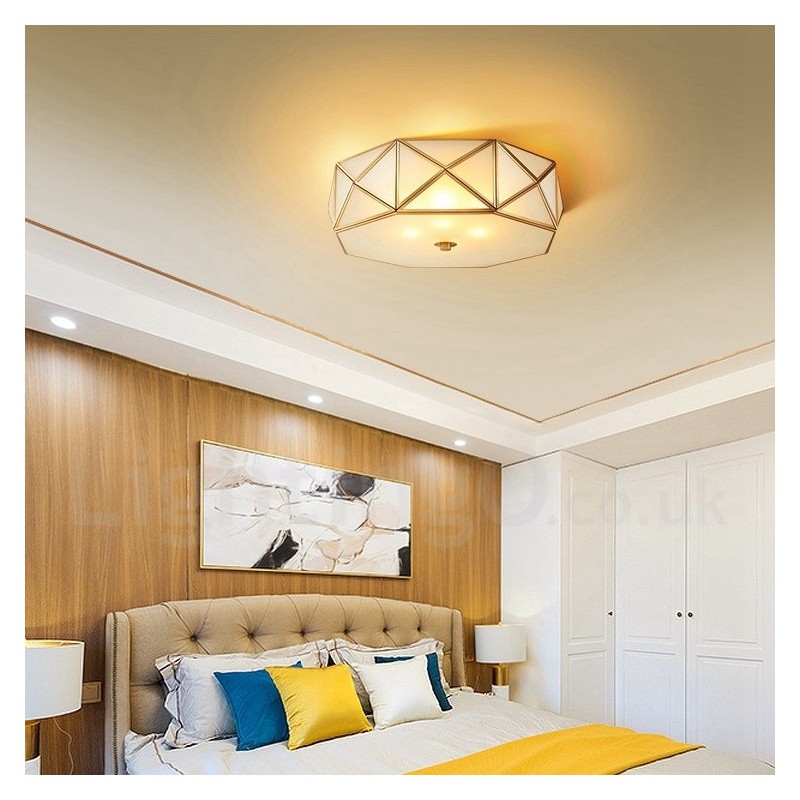 Pure Brass Rustic Lodge Nordic Style Flush Mount Ceiling Light com cúpula de vidro