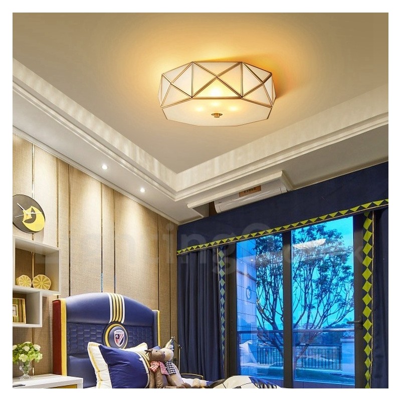 Pure Brass Rustic Lodge Nordic Style Flush Mount Ceiling Light com cúpula de vidro