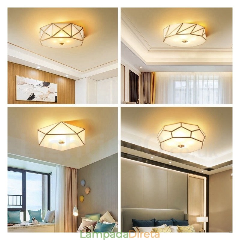 Pure Brass Rustic Lodge Nordic Style Flush Mount Ceiling Light com cúpula de vidro